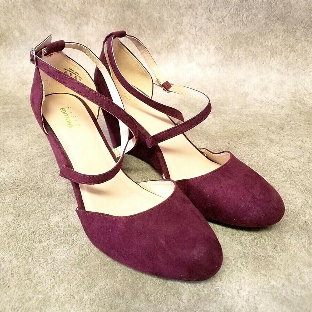 Basic Editions  Blanca  Size 9.5 Purple  Fabric Slip On Ankle Strap 3" Wedge Hee